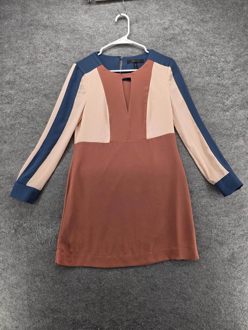 BCBGMAXAZRIA Dress Womens XXS Brown Shift Short V-Neck Colorblock Lined